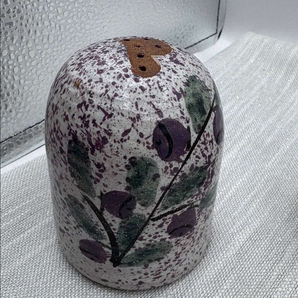 Salt and pepper shaker clay pottery poss. Mexico, purple floral speckled design